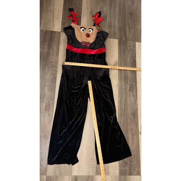 Reindeer Face Girls Velvet Christmas Jumpsuit L (11/13) With Red Sequin Antlers - Picture 6 of 6